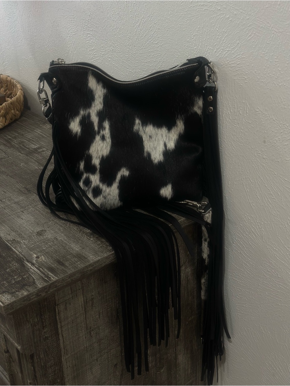 Black and White Cowhide Fringe Crossbody Bag - Women